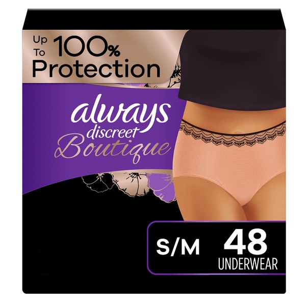 Always Discreet Boutique Adult Incontinence and Postpartum Underwear for Women, Maximum Protection, S/M, Rosy, 48 Count