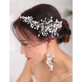 Deniferymakeup Emerald Bridal Hair Piece Green Bridal Accessory Bridal Hair Vine Turquoise Wedding Headband Bridal Hair clip Pearl Hair Comb Jewelry Set,Set of 2 (Silver)