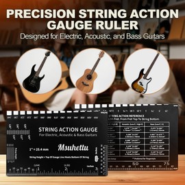 String Action Gauge Ruler, Upgraded Guitar String Height Gauge with Inch & Metric Scales, Guitar String Setup Tool and Accessory for Electric, Acoustic, Bass, and Luthier Use - Etched Black Edition