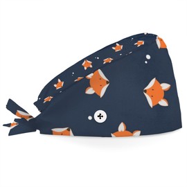 Cute Cartoon Fox Working Cap with Button Sweatband Bouffant Hats Adjustable Working Hat Surgical Cap Nurse Cap Elastic Bandage Tie Back Hats Scrub Caps for Women Men Long Hair