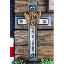 USA Air Force Bald Eagle Emblem Blue Memorial Wall Cross, Rustic Western Decor