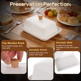 TENINYU Ceramic White European Butter Dish with Lid for Countertop - Wide 2 Stick Double Butter Holder Perfect for East West Coast Butter, Dishwasher Safe (White, 7 Inch)