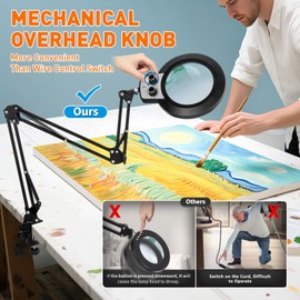 KIRKAS 12X Magnifying Glass with Light and Clamp, Extra-Long Arm Magnifying Lamp Overhead Knob for Workbench Craft Repair Sewing, LED Lighted Magnifier Real Glass Lens Stepless Dimming and Color