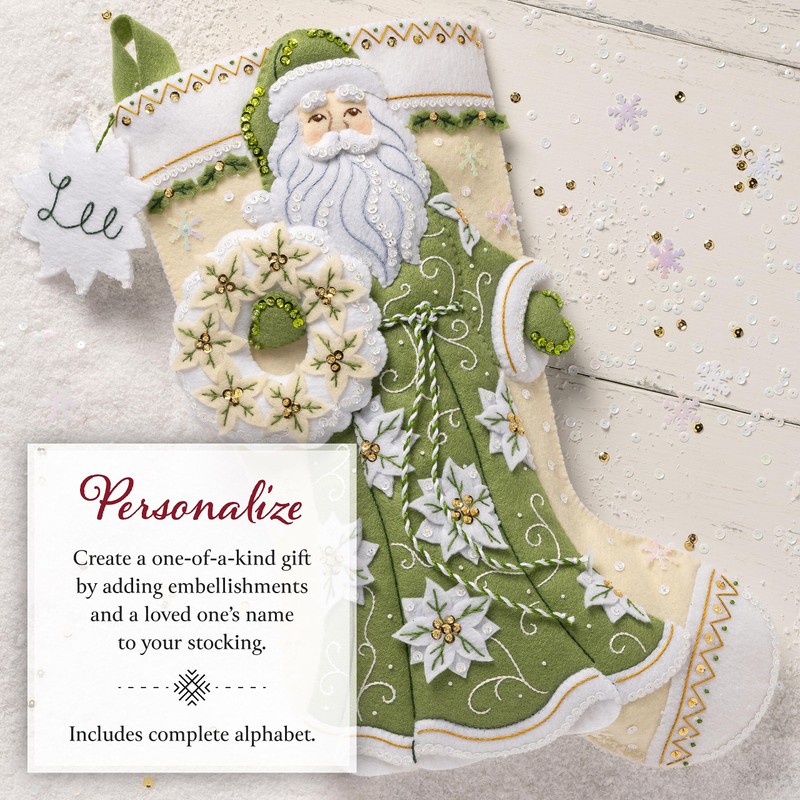 Bucilla, White Poinsettia Santa, Felt Applique 18" Stocking Making Kit,