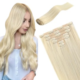 FUBILI 20 Inch Platinum Blonde Clip in Hair Extensions Real Human Hair Extensions Blonde Clip in Extensions for Women Remy Brazilian Hair 7Pcs Straight Hair Thick Ends