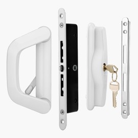 Patio Sliding Door Handle Set with Mortise Lock，Fits Sliding Glass Door Thicknesse is 1-1/2'' to 2'' and 4-15/16'' Screw Hole Spacing, with Door Keeper and 2 Keys （White）