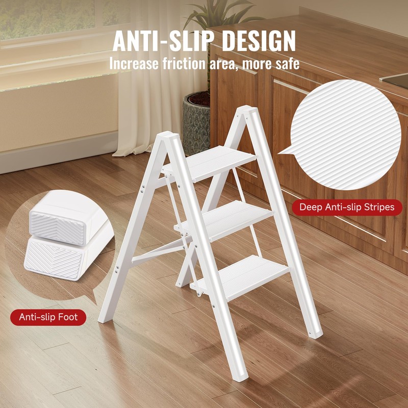 GameGem 3 Step Ladder, Aluminum Folding Step Stool with Anti-Slip