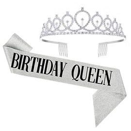 Andy's Orchids Birthday Queen Sash and Headband, Silver Birthday Queen Crowns for Women, Princess Rhinestone Tiaras and Crowns with Combs, Birthday Party Decoration, Hair Accessories