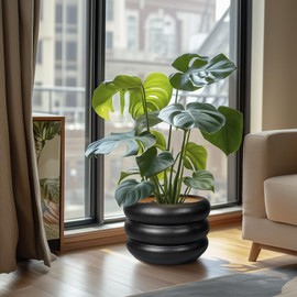 SQOWL 10 Inch Pot for Plants - Ceramic Planter for Indoor Plants Large Plant Pot with Drainage Hole Outdoor Flower Pot Decorative Round Planter for Porch House Decor Black