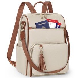 RAINSMORE Backpack Purse for Women Leather Travel Backpack Purse Waterproof Anti Theft Fashion Small Casual Mini Daypacks Ladies Convertible Handbags Shoulder Bag with Tassel, Beige and Brown