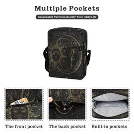 Messenger Bag Crossbody Shoulder Bag Canvas Shoulder Bag Golden Sun Moon Stars Boho for Men Women Outdoor Travel Business