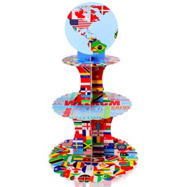 3 Tier Cupcake Stand, World Flag Theme Cardboard Cupcake Tower, Dessert Holder Decorations for Birthday Party Baby Shower