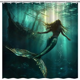 Mermaid Shower Curtain Vintage Fairy Tales Underwater Shipwreck Fantasy Nautical Pirate Ship Treasure Turquoise Ocean Bath Polyester Bathroom Curtains Set with Hooks 70"x70"