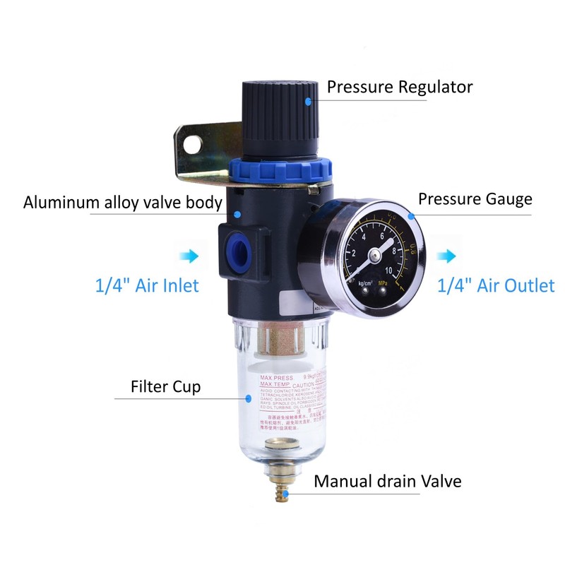 1/4" NPT Air Filter Pressure Regulator, Water-Trap Air Tool Compressor