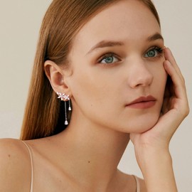 ZELORES 925 Sterling Silver Flower Earrings CZ Wrap Earrings Chain Dangle Long Drop Dangle Earrings for Women Bridal Earrings Wedding Earrings