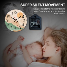 ArtSocket Wooden Wall Clock Silent Non-Ticking, Boho Mid Century Sun Mountain Modern Orange Green Round Rustic Wall Clocks Decor for Home Kitchen Living Room Office, Battery Operated(12 Inch)