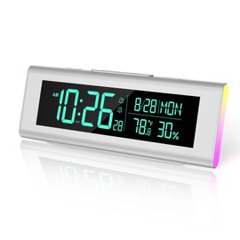Digital Alarm Clocks for Bedrooms, LED Desk Clock with RGB Night Light, Brightness Dimmer, Date, Week, Temperature Large Display, Modern Decor for Desk, Office, Gift for Kids, Teen, Adults (Silver)