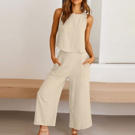 cllios Summer Outfits for Women Two Piece Linen Sets Casual Dressy Outfits Loose Fit Crop Tank Wide Leg Capri Pants Elastic High Waist Pants Lounge Sets Matching Tracksuit
