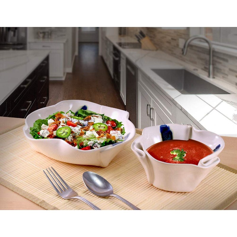 Aurora Collection Salad and Soup Bowl Set in Blue/White, Handmade