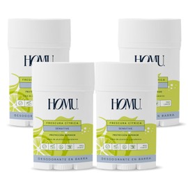Homu | 4 Piezas Desodorante Natural en Barra Frescura Cítrica Sensitive - Fórmula para pieles sensibles (sin Bicarbonato de sodio) - Cont. 55 grs. Por pieza (Frescura Cítrica Sensitive, 4)