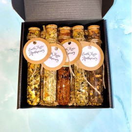 Earth Magic Apothecary Organic Botanical Tea Gift Set 5 Loose Leaf Artisan Herbal Tea Sampler Box Set - BROWN BOX