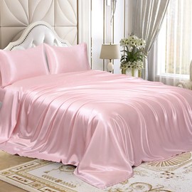 Homiest 3pcs Satin Sheets Set Luxury Silky Satin Bedding Set with Deep Pocket, 1 Fitted Sheet + 1 Flat Sheet + 1 Pillowcase (Twin Size, Blush Pink)