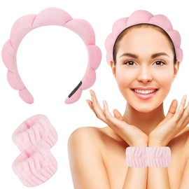 3 Piece Spa Headband Wrist Wash Band Set, Makeup Headband and Bracelet for Face Washing, Skin Care, Microfibre Wrist Towel Band, Hair Bands, Hair Accessories for Women, Girls (Pink)