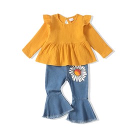Renotemy 4T/5T Girls Winter Outfits - Yellow Floral Ruffle T-Shirt & Ripped Denim Bell Bottom Jeans Set - Modern Playful Style - Breathable Cotton Blend - Suitable for Girls Aged 2-5 Years