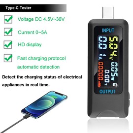 DKARDU USB Tester Type-C Interface Multi-Functional Digital Power Capacity Tester Voltage Current Meter DC 4.5-36V 0-5A Supports Fast Charging Protocols with Type C Connector Adapter USB Load