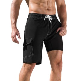 SILKWORLD Mens Swim Trunks with Compression Liner Quick Dry Bathing Suits 10 Inch Swim Shorts with Cargo Pockets, (Black), 38