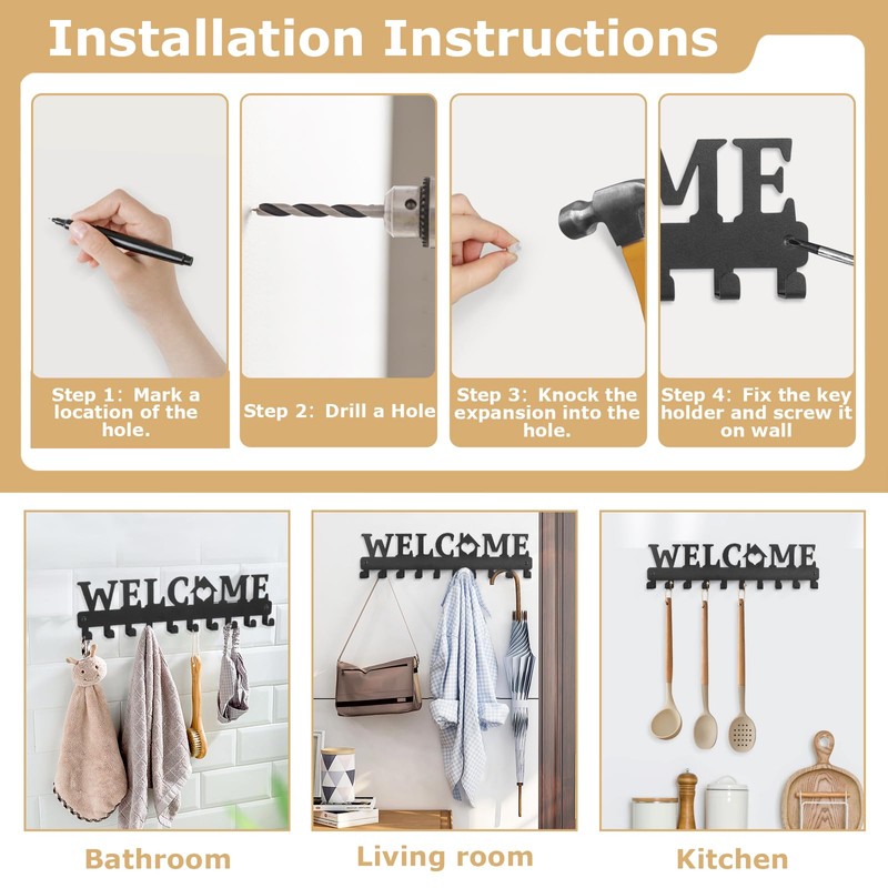 Minicoco Key Holder for Wall Metal Welcome Key Hooks Holder