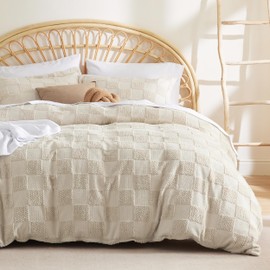 Bedsure Boho Duvet Cover - Boho Bedding Duvet Cover Set for All Seasons, Shabby Chic Jacquard Duvet Cover (Beige,Checkered,King Size,104"x90")