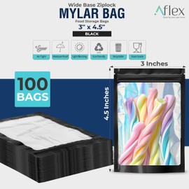 AFLEX 100 Pack Resealable Mylar Bags for Food Storage, Premium Quality Mylar Food Storage Bags, Black Bags for Candy, Resealable Bags for Packaging Cosmetics, Medicines & Jewelries (3" x 4.5")