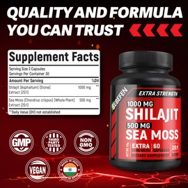 Shilajit Supplement 1,000mg with Sea Moss 500mg for Women and Men | Non-GMO | Gluten Free | 90 Count