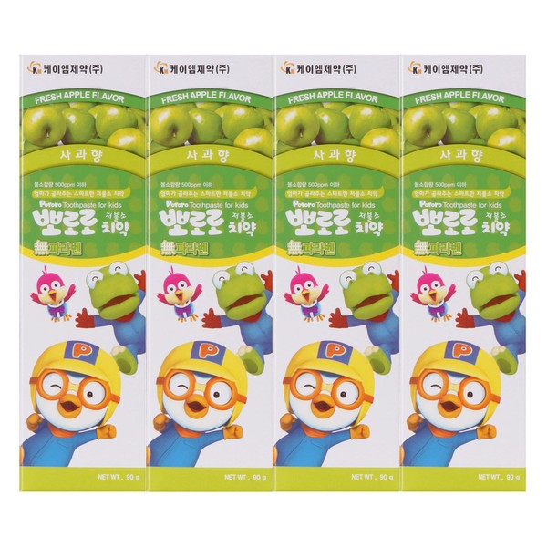 Pororo Kids Whitening Sensitive Toothpaste - Cavity Protection Low Fluoride Oral Care with 4 Fruit Flavors, Improving Gum Health, Removing Plaque to Strengthen Enamel 90g/3.17 Oz (Apple - 4packs)