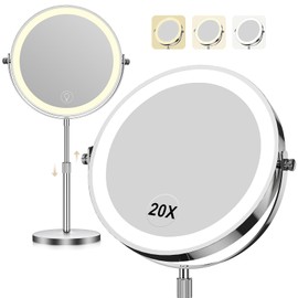 Makeup Mirror with Lights, 5000 mAh Rechargeable Double Sided Magnifying Vanity Mirror with 3 Colors, 1x/20x, 360° Rotation , Brightness Adjustable Magnification Lighted Makeup Mirror, Women Gift