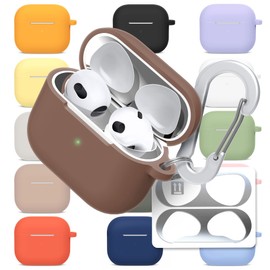 superdivision AirPods 3 & Pro Case Silicon Protective Clear Cover with Anti-Lost Carabiner Keychain Kit Set Dust Guard Dust-Proof Film [Front LED Visible] (AirPods 3, Chestnut)