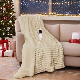 AEPINBH Electric Blanket, Soft Stripe Heated Blanket with 6 Heating Levels & 10 Hours Auto Shut Off, Fast Heating Warm Blanket, Machine Washable, Khaki, 90 x 100 Inch