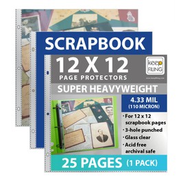 Acid Free 12x12 Scrapbook Page Protectors for 3-Ring Albums, Super Heavyweight Non-Flimsy Material, 25 Pages (1 Pack), by Keepfiling
