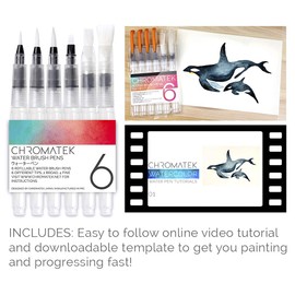 Chromatek AquaPens. Set of 6 Refillable Aqua Watercolor Brushes with Nylon Tips. Easy Water Brush Pens for Painting. Blending & Calligraphy. Includes Online Video Tutorials & Templates