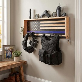 Police Wall Mounted Tactical Duty Gear Rack with Blue American Flag | First Responder Storage Shelf & Organizer for Policemen, Law Enforcement Holder | Gift Decor Gifts (Wood Color + Thin Blue Stripe)