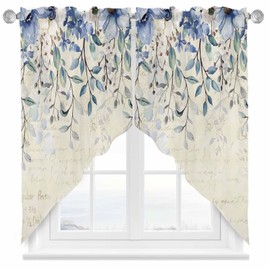 Blue Eucalyptus Leaves Swag Valances for Windows, Farmhouse Floral Rod Pocket Kitchen Curtains Valance, Retro Botanical Small Window Curtains Swag for Cafe Bathroom Living Room, 2 Panels, 28x36 inch