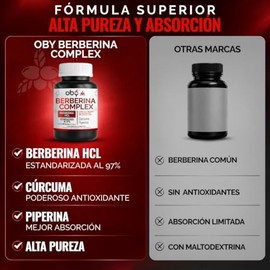 Berberina HCl Pura 120 caps Potenciada con Piperina y Cúrcuma | Ingredientes Naturales Premium | Suplemento Alimenticio Oby Berberine Complex Alta bio