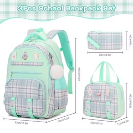 FIXITOK 3PCS Girls Backpack Set, Plaid School Backpack with Lunch Box & Pencil Case, Cute Kawaii Book Bag for Girls Kindergarten to High School