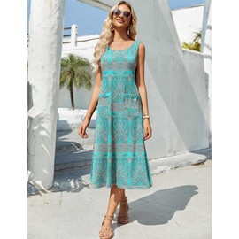 Zeagoo Women's Summer Sleeveless Crewneck Boho Beach Dress Floral Midi Sundress with Pockets Casual Flowy Tank Dress