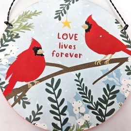 Primitives By Kathy Cardinal Bird Ornament Holiday Gift Wooden Circle 5" Love Lives Forever Decor