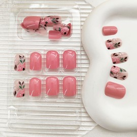 Press on Nails Short Square Fake Nails with Flower & Leaf Designs Pink Acrylic Nails Press ons Glossy Glue on Nails Cute Pink-Orange Full Cover Stick on Nails for Women 24 Pcs