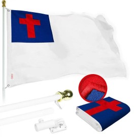 UD_G128 Combo Pack: 6 Ft Tangle Free Spinning Flagpole (White) & Christian Flag 3x5 Ft Embroidered 220GSM Spun Polyester, Brass