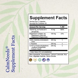 CalmNeeds® Promote Calm and Positive Mood - Formula Contains Vitamins B6, Magnesium, L-theanine, 5-HTP, and GABA, 60 Veggie Capsules