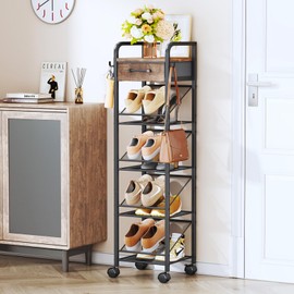 SWTYMIKI Rolling Vertical Shoe Rack - Shoe Tower with Drawer and Hooks, Shoe Storage Organizer for Entryway Closet Bedroom, Space-Saving Wood and Metal Narrow Shoe Shelf, Espresso